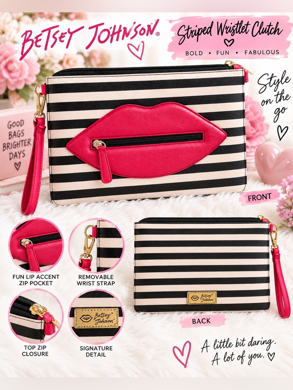 Betsey Johnson 12x8 Striped Wristlet Clutch with Hot Pink Lip Accent